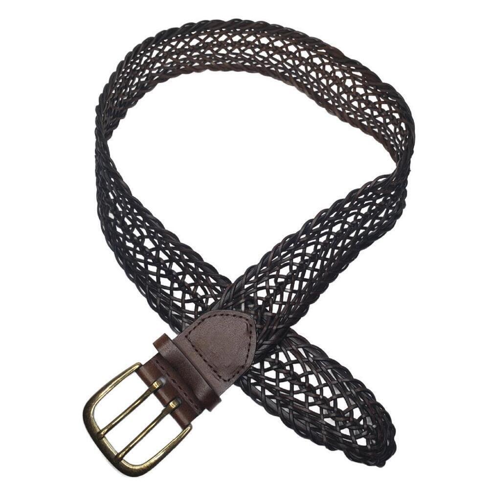 Women's Sz S Genuine Bonded Dark Brown Leather Boho Woven Wide Belt
